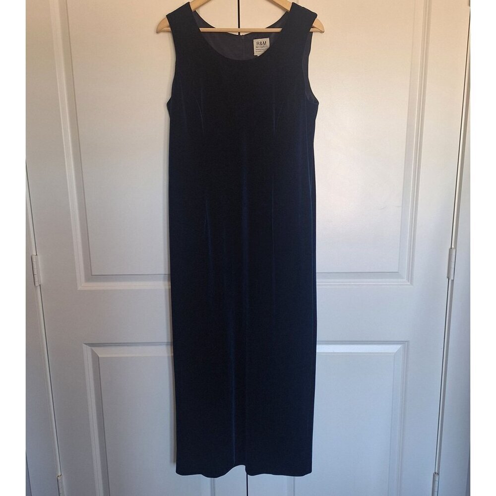💙 Vintage R&M Richards Velvet Blue Stretch Midi Dress Size 10 Goth Festive Form